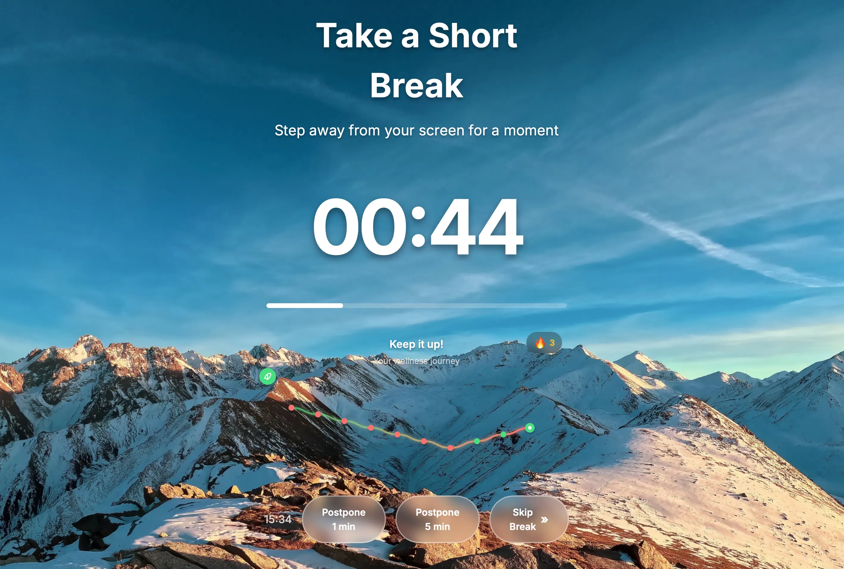 Pantalla de descanso de Restier mostrando paisaje de montañas